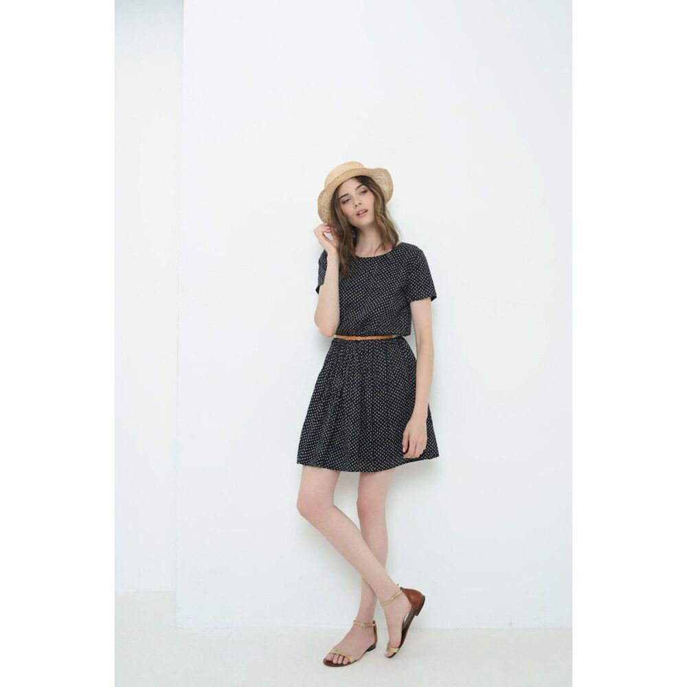 Des Petits Hauts Gabina Dot Printed Black Mini Tunic Dress Flowy L NEW 258038